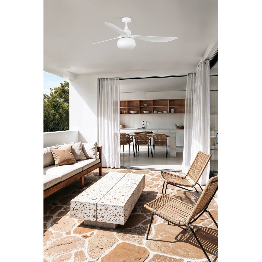 FARO 34363WT-11L - Stropní ventilátor OUTWOOD L 1xE27/15W/230V bílá pr. 150 cm Wi-Fi Tuya IP44 + dálkové ovládání