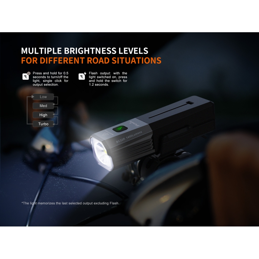 Fenix BC22R - LED Stmívatelné nabíjecí svítidlo na kolo LED/USB 3400 mAh IP66 1400 lm 41 h černá
