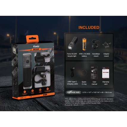 Fenix BC22R - LED Stmívatelné nabíjecí svítidlo na kolo LED/USB 3400 mAh IP66 1400 lm 41 h černá