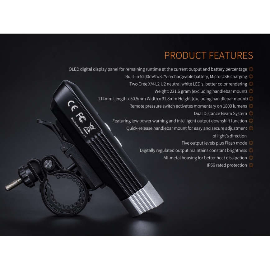 Fenix BC30RV2 - LED Nabíjecí svítidlo na kolo LED/USB IP66 1800 lm 36 h