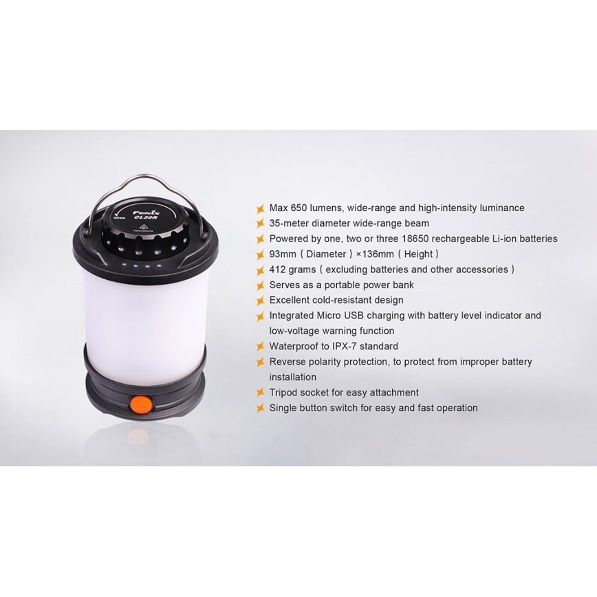 Fenix CL30R - LED Přenosná nabíjecí lampa LED/USB/6xCR123A IPX7 650 lm 300 h 2600 mAh