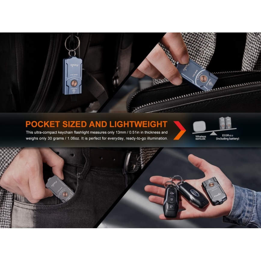 Fenix E03RV20BLU - LED Nabíjecí svítilna LED/USB IP66 500 lm 30 h 400 mAh