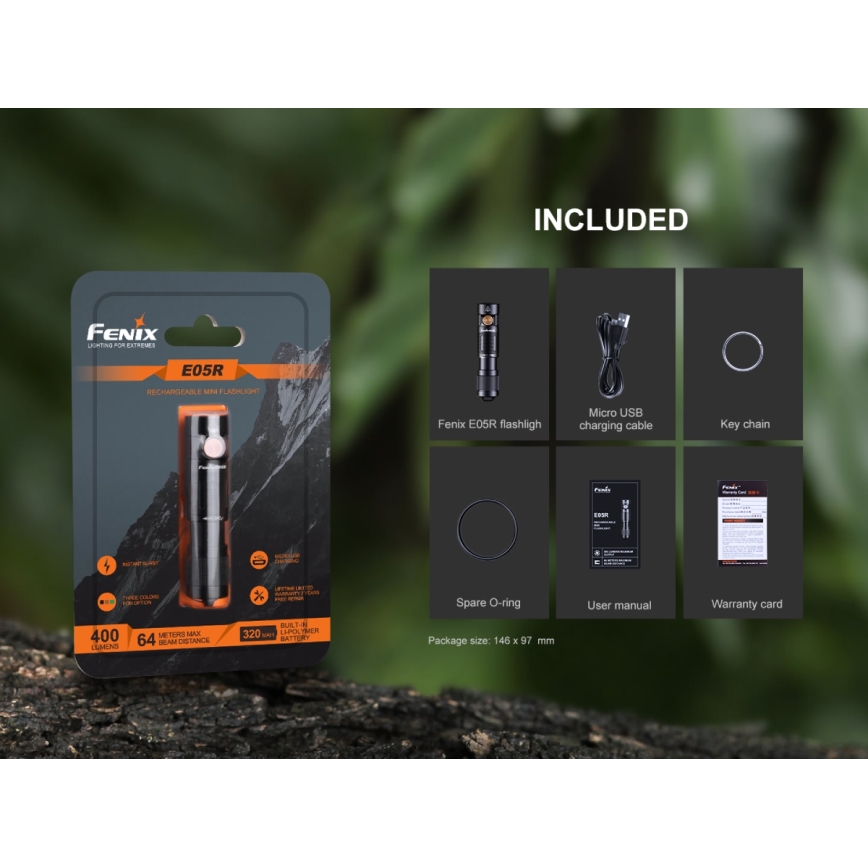 Fenix E05RBLC - LED Nabíjecí svítilna LED/USB IP68 400 lm 30 h