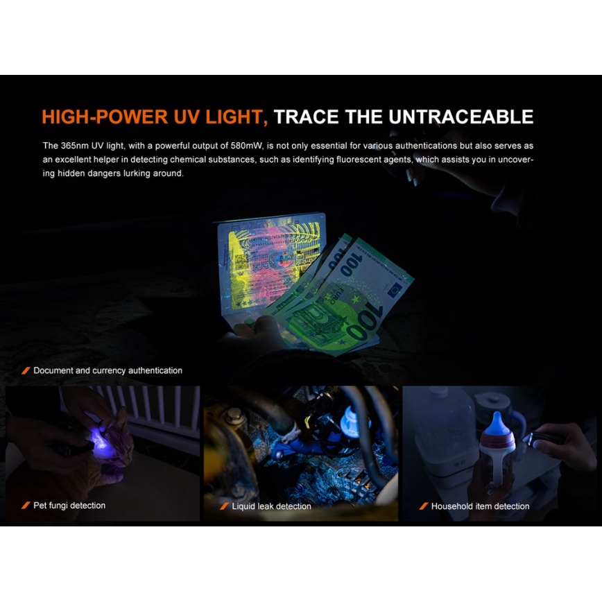 Fenix E06RTKS - LED Stmívatelná nabíjecí svítilna UV LED/USB IP66 700 lm 60 h 750 mAh tyrkysová