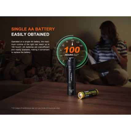 Fenix E12V30 - LED Stmívatelná nabíjecí svítilna LED/1xAA 2000 mAh IP68 200 lm 100 h černá
