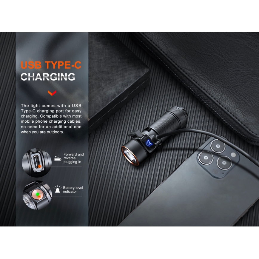 Fenix E18RV20800 - LED Stmívatelná nabíjecí svítilna LED/USB/1xCR123A 800 mAh IP68 1200 lm 200 h černá