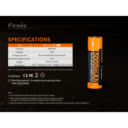 Fenix FE21700V20 - 1ks Nabíjecí baterie 21700/3,6V 5000 mAh