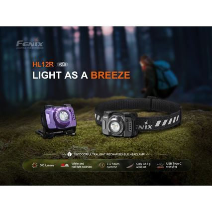 Fenix HL12RV20BLC - LED Stmívatelná nabíjecí čelovka LED/USB 950 mAh IP66 500 lm 112 h černá