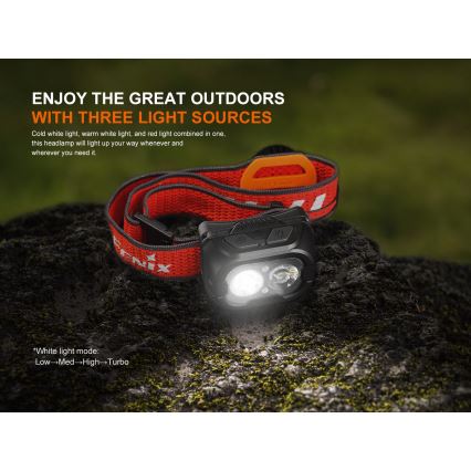 Fenix HL18RTV20BLC - LED Stmívatelná nabíjecí čelovka LED/USB/3xAAA IP66 800 lm 160 h 1900 mAh černá/oranžová