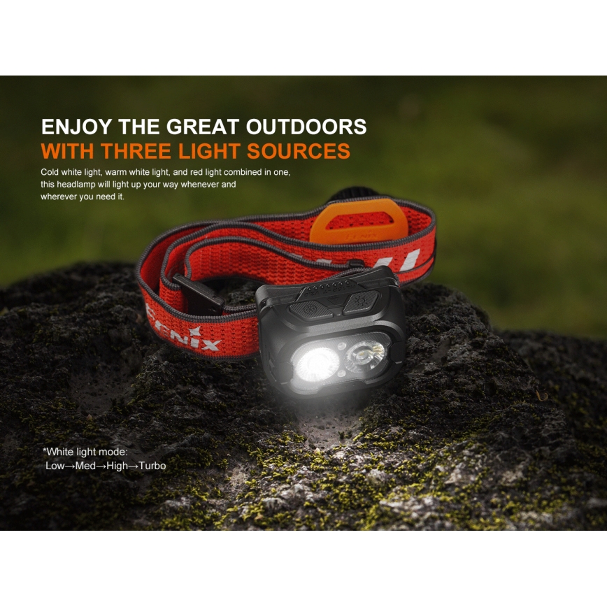Fenix HL18RTV20BLC - LED Stmívatelná nabíjecí čelovka LED/USB/3xAAA IP66 800 lm 160 h 1900 mAh černá/oranžová