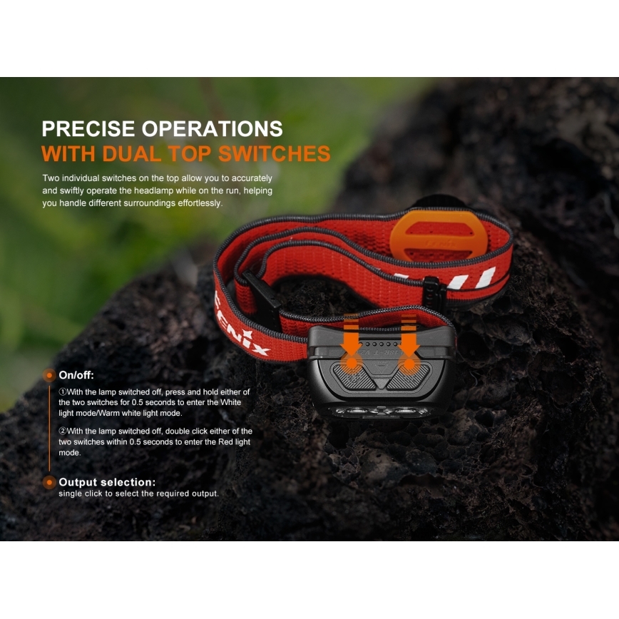 Fenix HL18RTV20BLC - LED Stmívatelná nabíjecí čelovka LED/USB/3xAAA IP66 800 lm 160 h 1900 mAh černá/oranžová