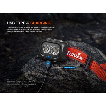 Fenix HL18RTV20BLC - LED Stmívatelná nabíjecí čelovka LED/USB/3xAAA IP66 800 lm 160 h 1900 mAh černá/oranžová