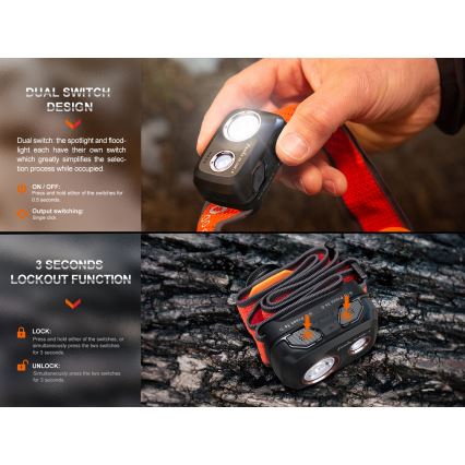Fenix HL32RTRED - LED Nabíjecí čelovka LED/USB/3xAAA IP66 800 lm 300 h červená/oranžová