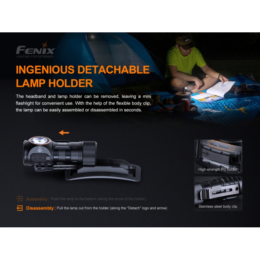 Fenix HM50RV20 - LED Nabíjecí čelovka 3xLED/USB/1xCR123A IP68 700 lm 120 h 700 mAh