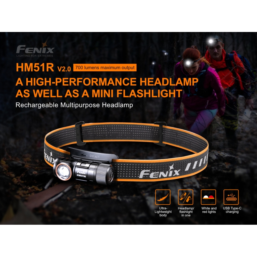 Fenix HM51RV20 - LED Nabíjecí čelovka 3xLED/1xCR123A/USB IP68 700 lm 120 h 700 m