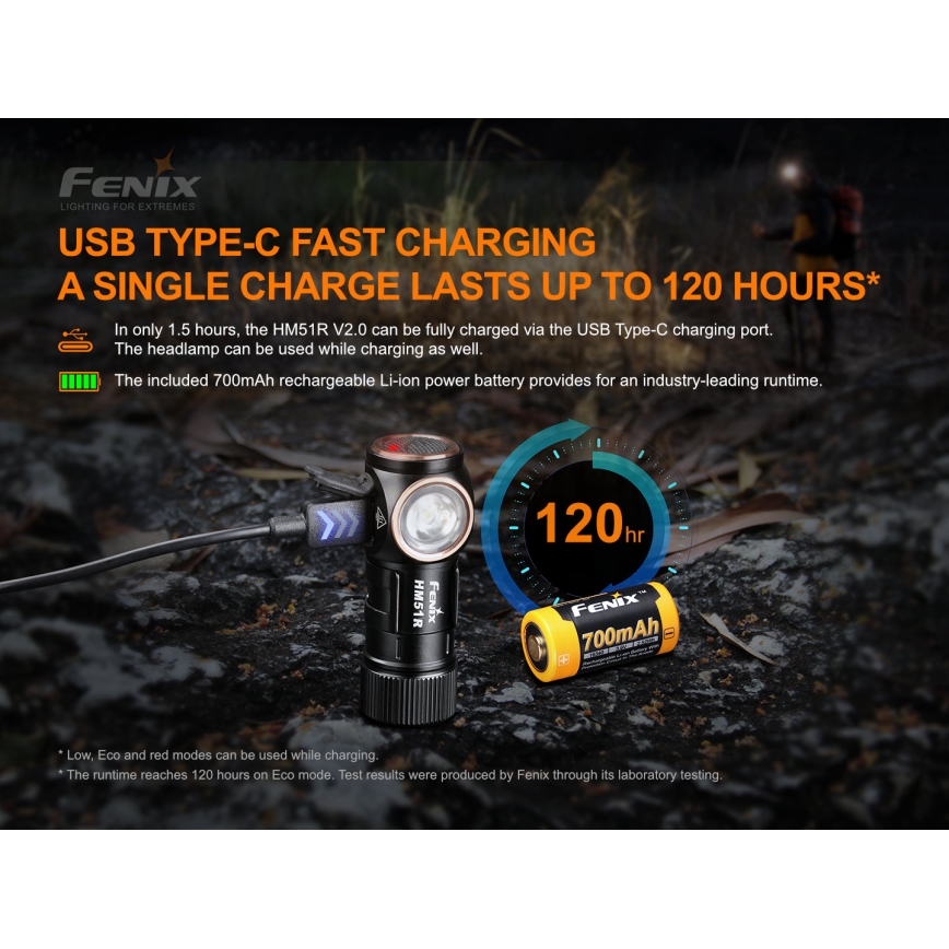 Fenix HM51RV20 - LED Nabíjecí čelovka 3xLED/1xCR123A/USB IP68 700 lm 120 h 700 m