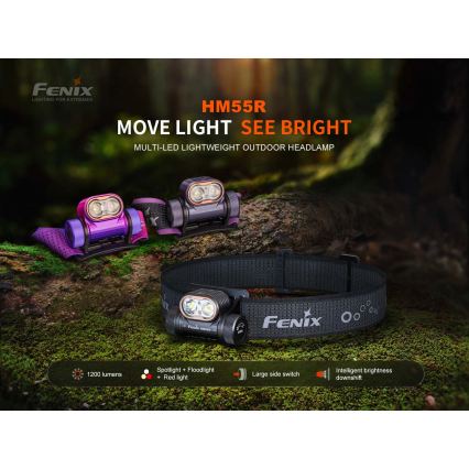 Fenix HM55RABL - LED Stmívatelná nabíjecí čelovka LED/USB/1xCR123A 1600 mAh IP68 1200 lm 141,2 h černá