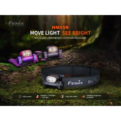 Fenix HM55RPRP - LED Stmívatelná nabíjecí čelovka LED/USB/1xCR123A 1600 mAh IP68 1200 lm 141,2 h fialová/černá