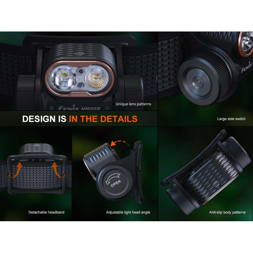 Fenix HM55RPRP - LED Stmívatelná nabíjecí čelovka LED/USB/1xCR123A 1600 mAh IP68 1200 lm 141,2 h fialová/černá