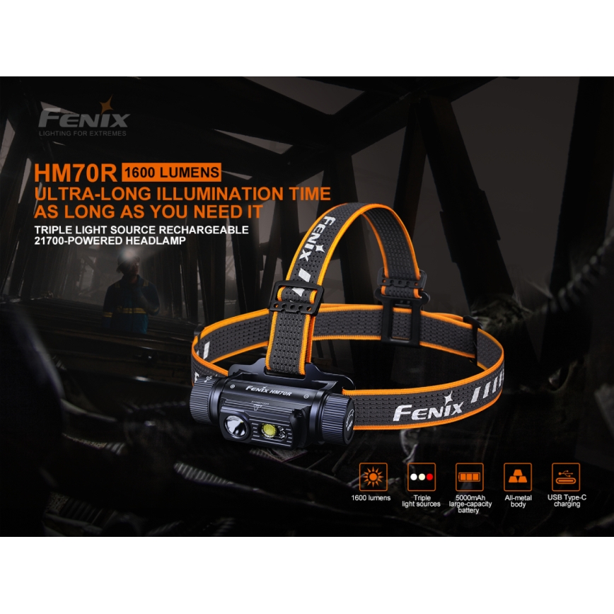 Fenix HM70R - LED Nabíjecí čelovka 4xLED/1x21700 IP68 1600 lm 800 h 5000 mAh