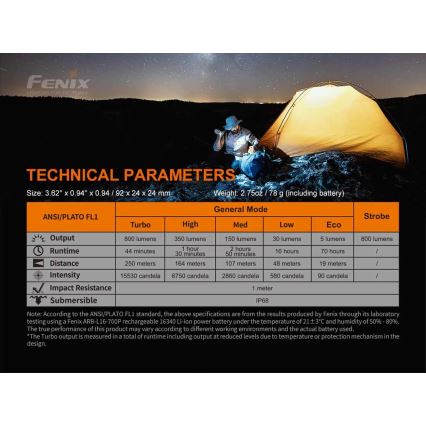 Fenix PD25R - LED Nabíjecí svítilna LED/USB/1xCR123A IP68 800 lm 70 h 700 mAh