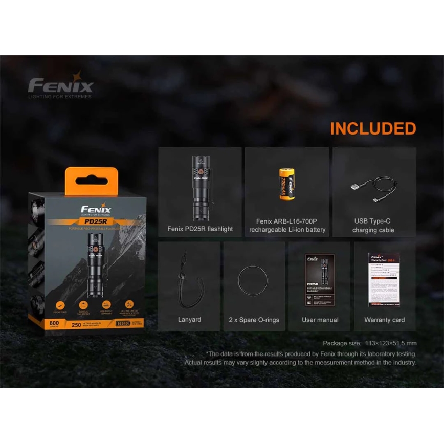 Fenix PD25R - LED Nabíjecí svítilna LED/USB/1xCR123A IP68 800 lm 70 h 700 mAh