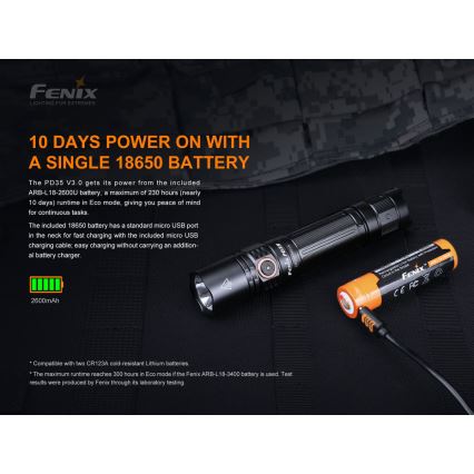Fenix PD35V30 - LED Nabíjecí svítilna LED/USB/2xCR123A IP68 1700 lm 230 h 2600 mAh