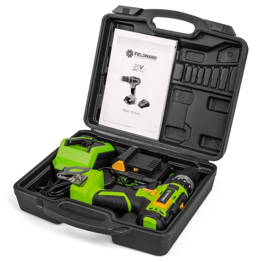 Fieldmann - Akumulátorová vrtačka 2000 mAh 20V + rychlonabíjecí stanice