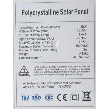 Fotovoltaický solární panel polykrystalický 30W/12V