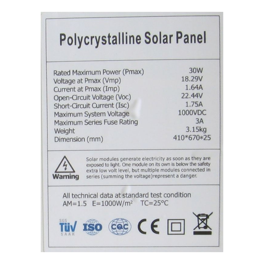 Fotovoltaický solární panel polykrystalický 30W/12V