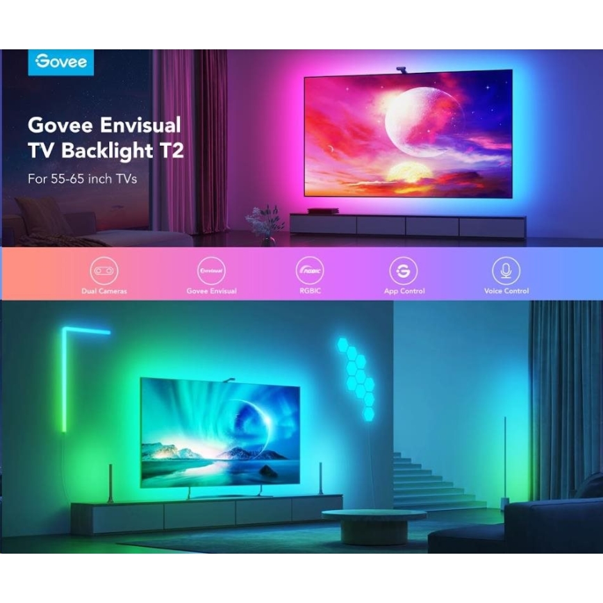 Govee - DreamView T2 DUAL TV 55-65" SMART LED podsvícení RGBIC Wi-Fi + dálkové ovládání