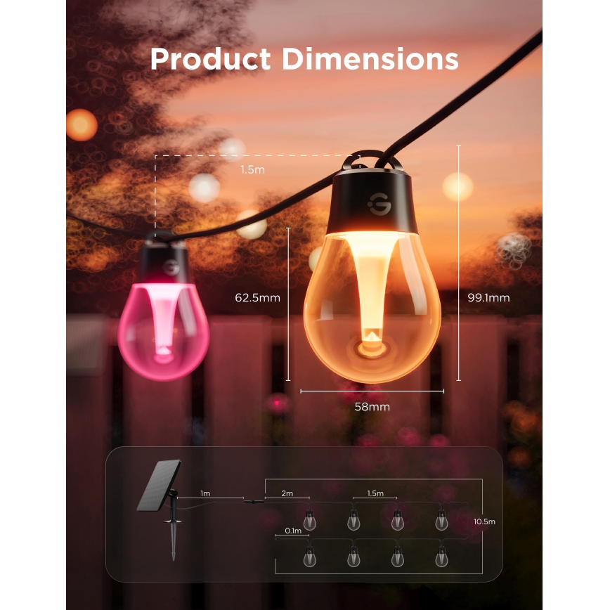 Govee - LED RGBICW Solární řetěz 8xLED/6W/5V Wi-Fi Matter IP67