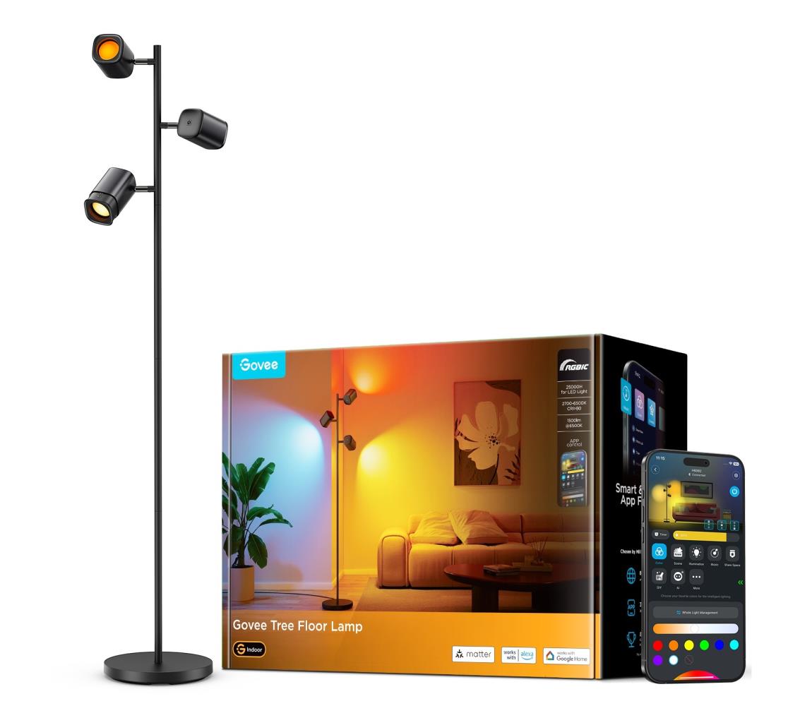 Govee - LED RGBICWW Stmívatelná stojací lampa TREE MATTER LED/48W/230V Wi-Fi H60B2311 Černá