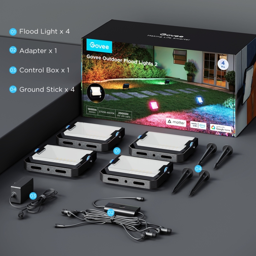 Govee - SADA 4x LED RGBICWW Stmívatelný reflektor LED/24W/230V IP66 Matter Wi-Fi