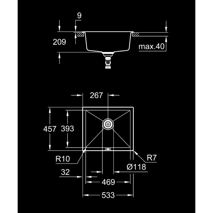 GROHE 31654AP0 - Dřez K700U 533 × 457 mm černý granit/černá