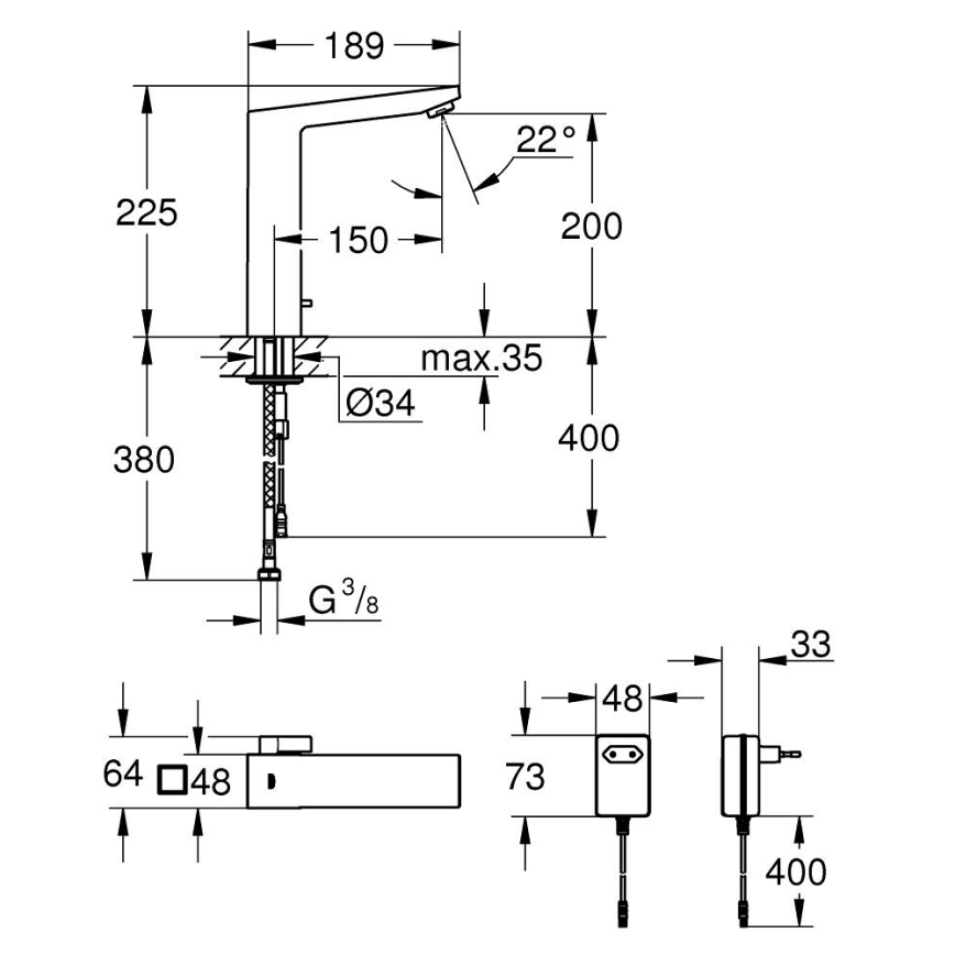 GROHE 36440000 - Infra elektronická umyvadlová baterie EUROCUBE E DN 15 chrom