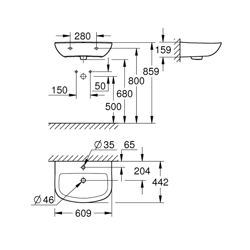 GROHE 39421000 - Závěsné umyvadlo BAU CERAMIC 609 × 442 mm keramika/bílá