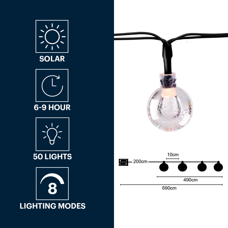 Grundig - LED Solární řetěz 50xLED/8 funkcí 6,9m teplá bílá