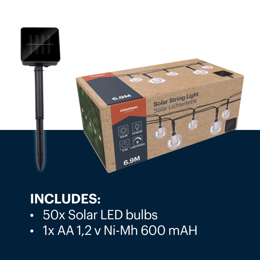 Grundig - LED Solární řetěz 50xLED/8 funkcí 6,9m teplá bílá