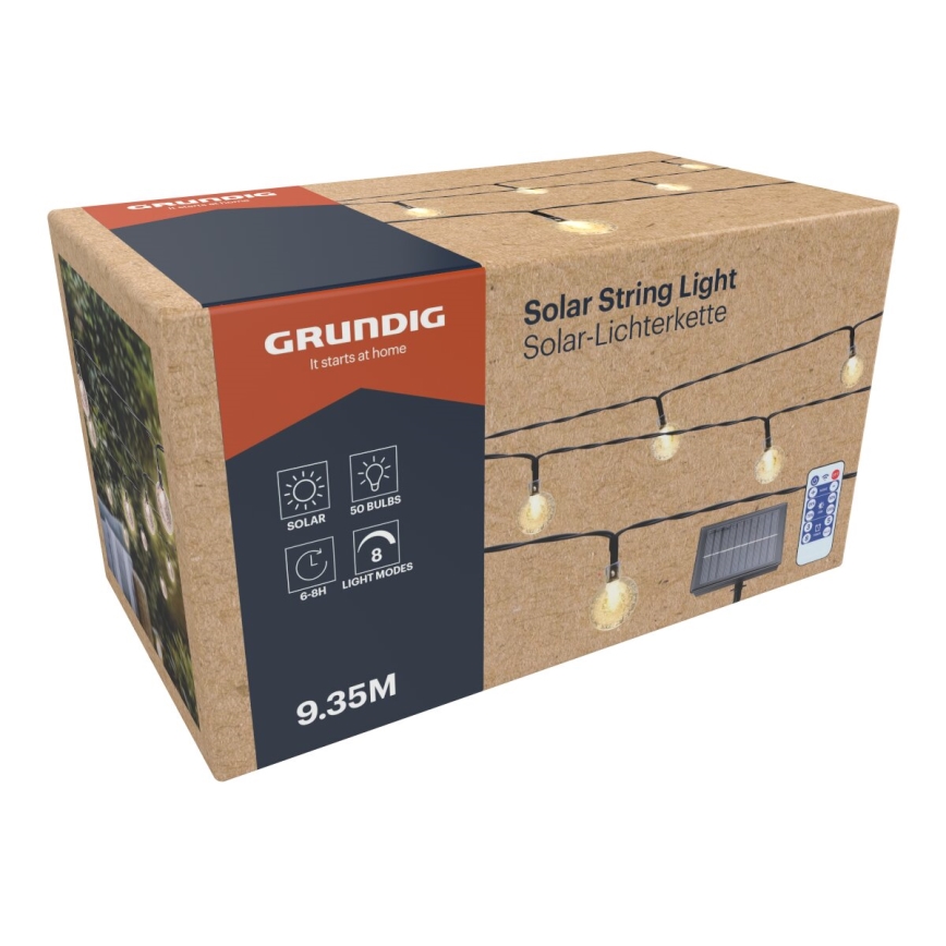 Grundig - LED Stmívatelný solární řetěz 50xLED/8 funkcí 9,35m IP44 teplá bílá + dálkové ovládání