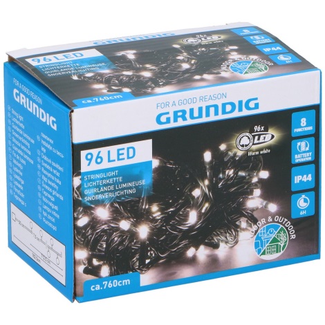 Grundig - LED Vánoční venkovní řetěz 96xLED/8 funkcí/4xAA 7,6m IP44 teplá bílá