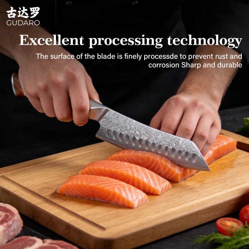 Gudaro - Damaškový Santoku kuchyňský nůž TAKUMI 7, 67 vrstev oceli, délka 17,5 cm, ořech