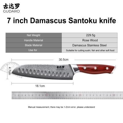 Gudaro - Damaškový Santoku kuchyňský nůž KENSHO 7, 67 vrstev oceli, délka 17,5 cm