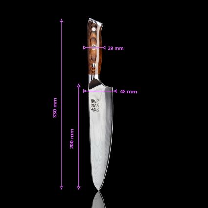 Gudaro - SADA 1x Damaškový šéfkuchařský nůž FENG 8, 67 vrstev oceli, délka 20 cm + 1x damaškový Santoku kuchyňský nůž FENG 7,5, 67 vrstev oceli, délka 18 cm + 1x ZDARMA damaškový kuchyňský nůž na ovoce FENG 3,5, 67 vrstev oceli, délka 9,5 cm