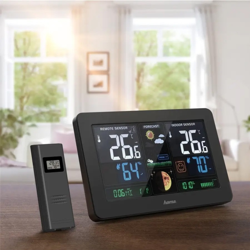Hama - Meteostanice s barevným LCD displejem a budíkem 230V/2xAA + USB černá
