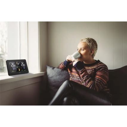 Hama - Meteostanice s barevným LCD displejem a budíkem 230V/2xAA + USB černá