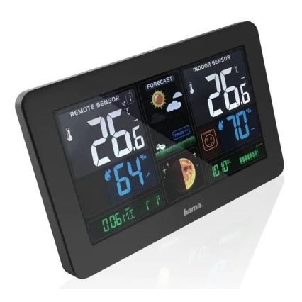 Hama - Meteostanice s barevným LCD displejem a budíkem 230V/2xAA + USB černá