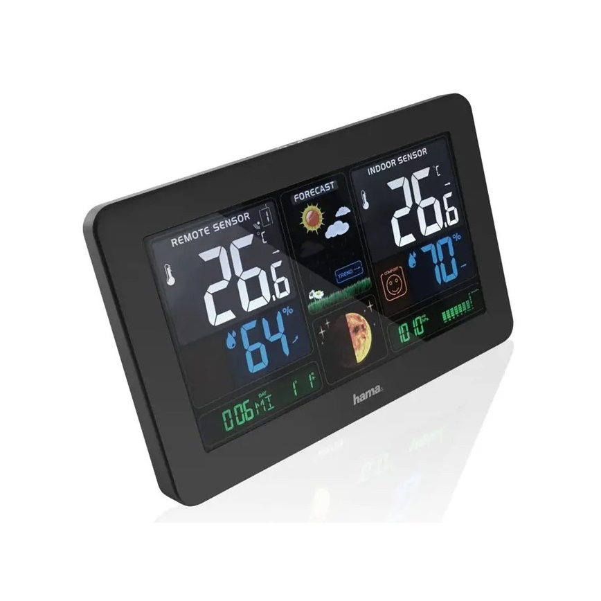 Hama - Meteostanice s barevným LCD displejem a budíkem 230V/2xAA + USB černá