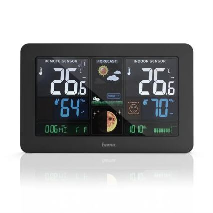 Hama - Meteostanice s barevným LCD displejem a budíkem 230V/2xAA + USB černá