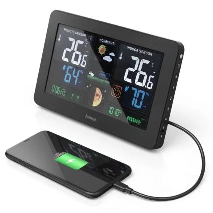 Hama - Meteostanice s barevným LCD displejem a budíkem 230V/2xAA + USB černá